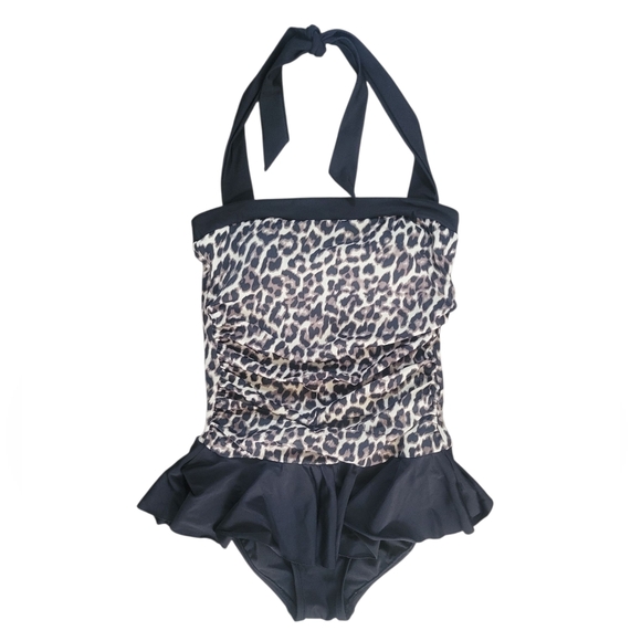 Aqua Green Pin Up One Piece Halter Swimsuit Leopard Print Skirted Ruched SM - Picture 1 of 5